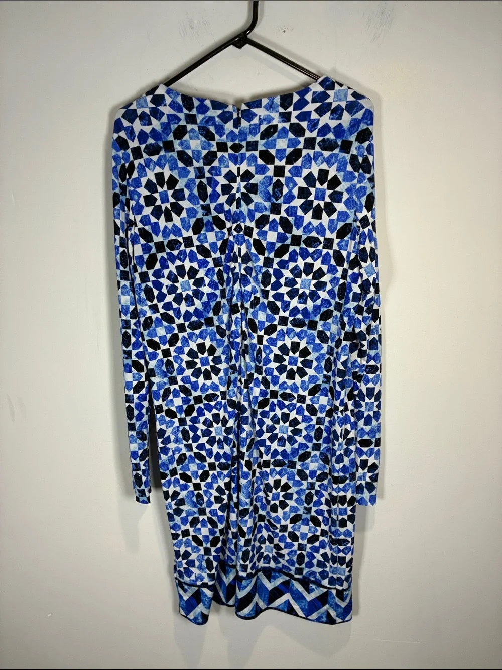 Michael Kors Blue Geometric Print Long Sleeve Fit Flare Dress L
